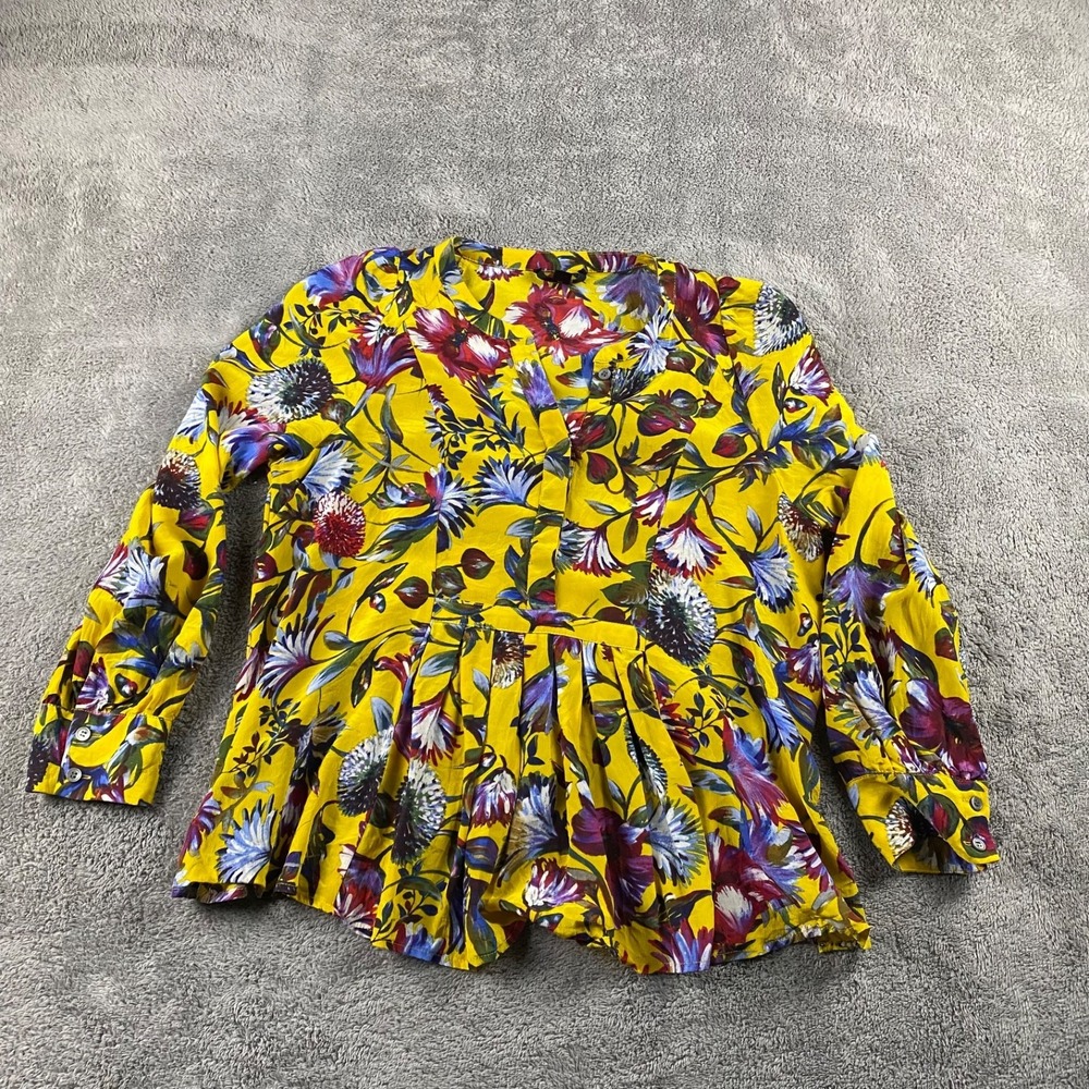 J. Crew Silk Pleated Floral Print Popover Top Womens Yellow Long Sleeve